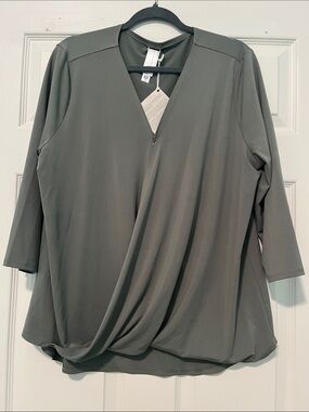 MarlaWynne Olive Green Faux-Wrap V-Neck Top